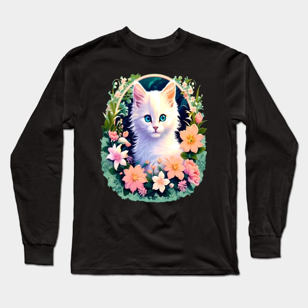 Beautiful White Kitten Surrounded by Spring Flowers Long Sleeve T-Shirt by BirdsnStuff